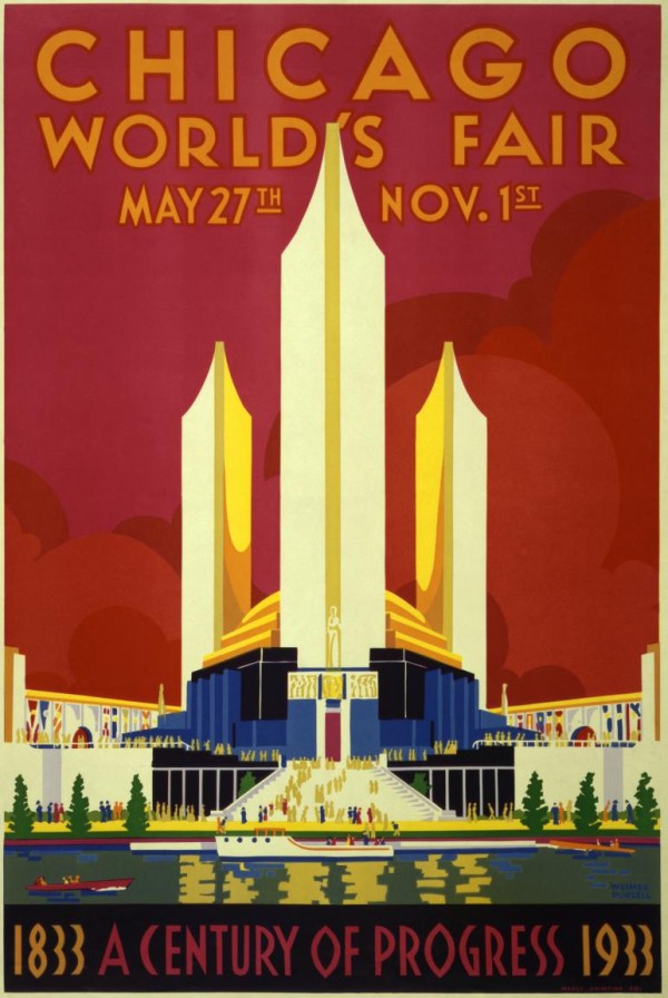 A vintage travel poster promoting the 1933 World Fair in Chicago  Print